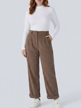 Halara AuraCord Cloud Brown High Waisted Pleated Corduroy Pants Size Large New